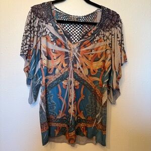 ONE WORLD Artistic Blue and Orange Blouse Flutter Sleeve Medium
